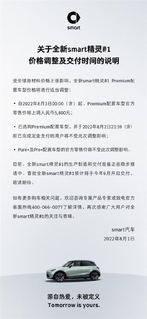 一台还没交付就涨价！全新smart精灵#1价格调整：顶配多花5800元